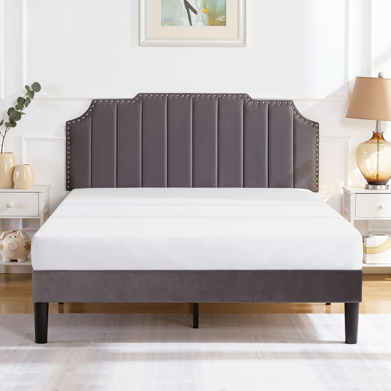 Lit double avec tête de lit capitonnée réglable, lit plateforme, sommier à ressorts, aucun sommier nécessaire, Gris, Double