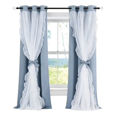 Double Layer Blackout Curtains With Sheer Ruffle Overlay - Room Darkening Drapes With Tiebacks For Bedroom And Living Room, 2 Panels