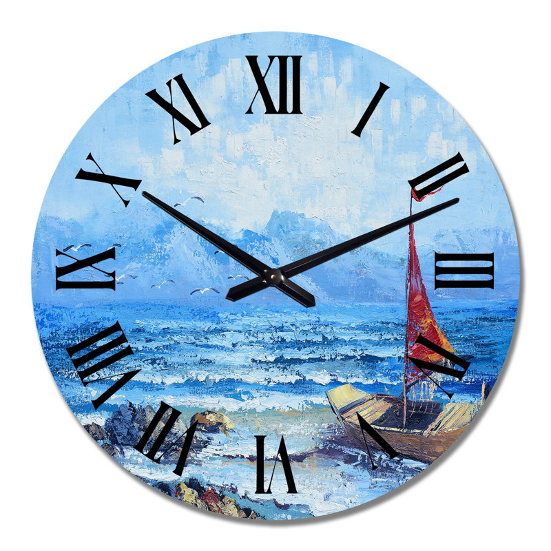Voilier rouge sur un océan bleu - horloge murale nautique et côtière, Grand
