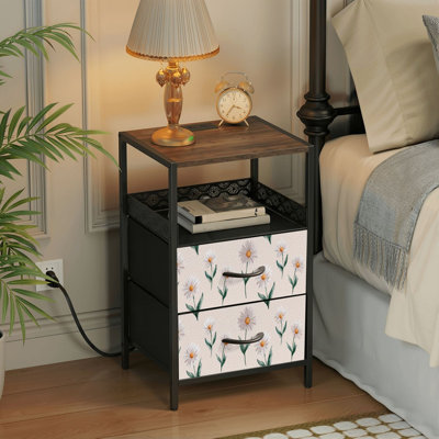 Table de chevet 2 tiroirs avec station de charge, table de chevet pour chambre à coucher avec ports USB, tablette ouverte noire, table de chevet avec marguerite blanche, feuilles vertes, aquarelle