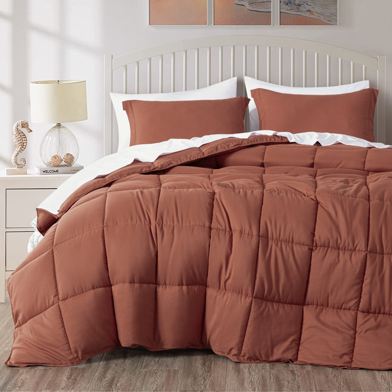 Peachskin Microfiber Bedding Box Stitch Comforter, Terracotta, King Comforter + 2 Pillow Shams