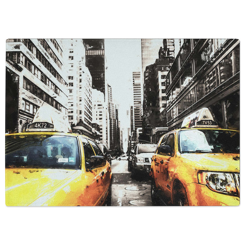 Tempered Glass Two Yellow Taxi Cabs in New York in Abstract Chopping Board, 28.5 cm W x 20 cm L