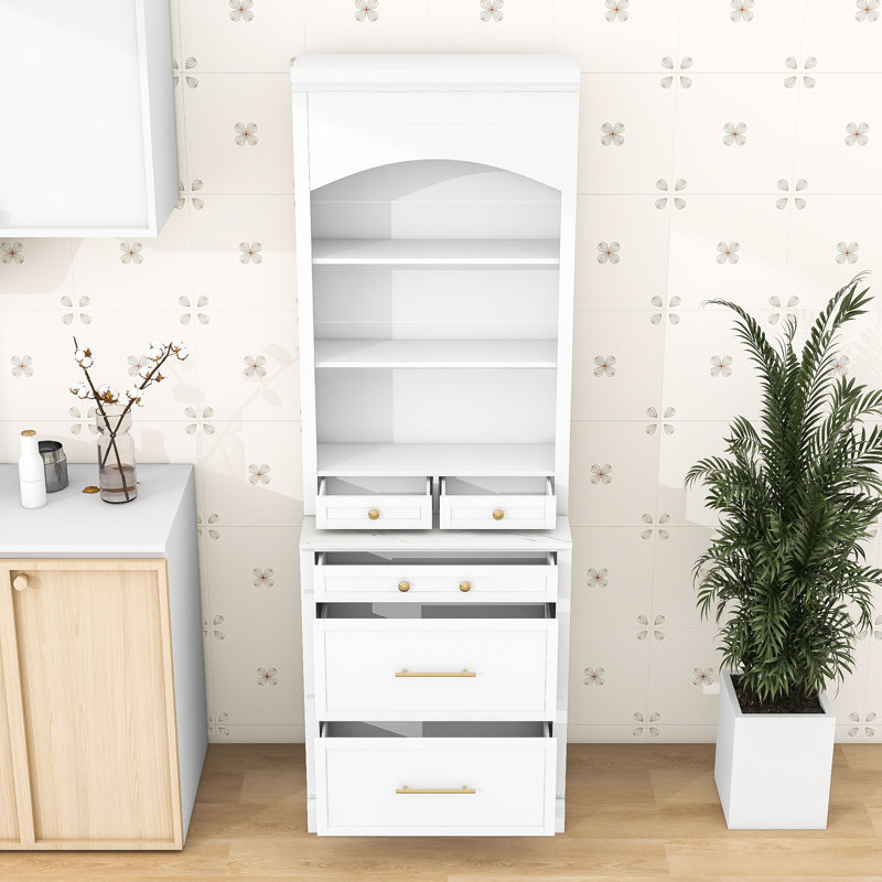 Grand garde-manger autoportant élégant avec comptoir en faux marbre, tablette réglable et tiroirs, Blanc, Doré