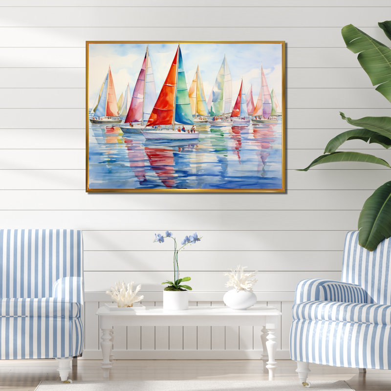 «Miminimlaism Watercolor Regatta III - Bateau à voile, art mural», H 30 po x l 40 po x P 1,5 po, Cadre flottant doré