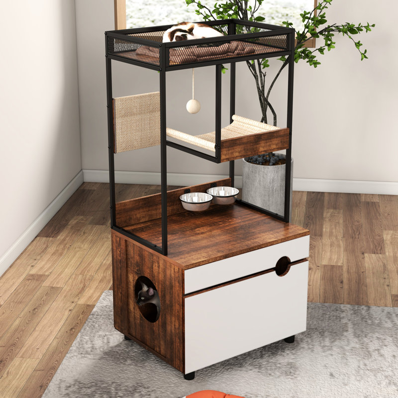 Enceinte pour litière pour chat Pet Design - American Design en blanc + tour d'arbre et armoire de couleur rétro