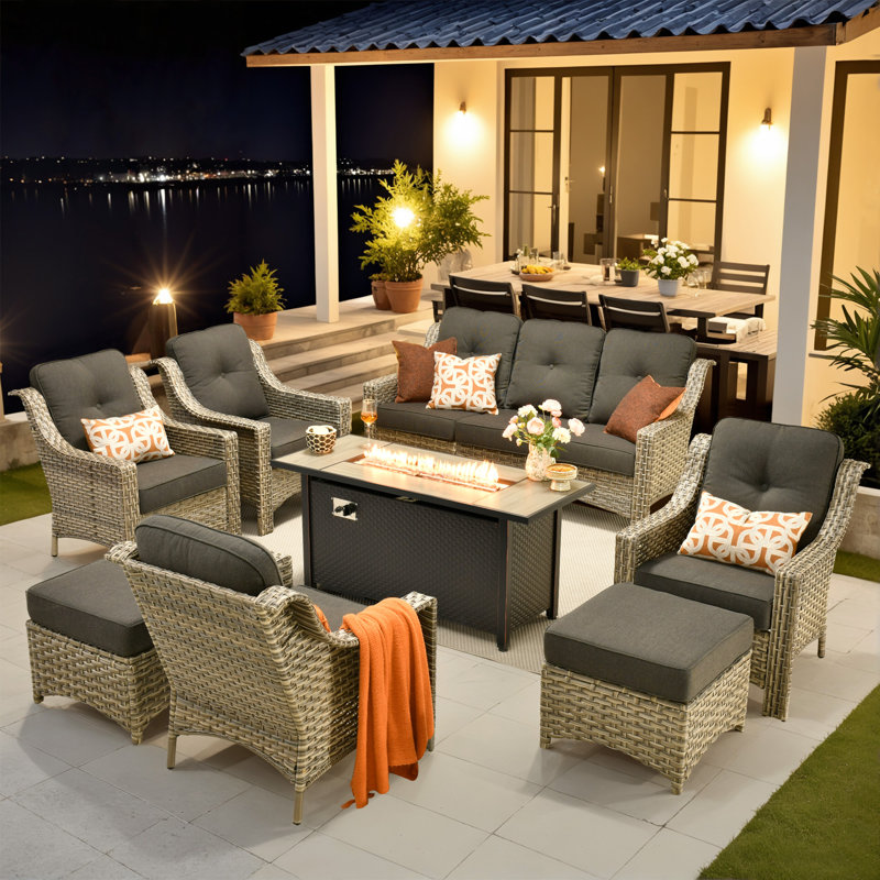 Emanuell 7 - Person Wicker Outdoor Conversation Set, Patio Sofa Set with Fire Pit and Cushions, Black