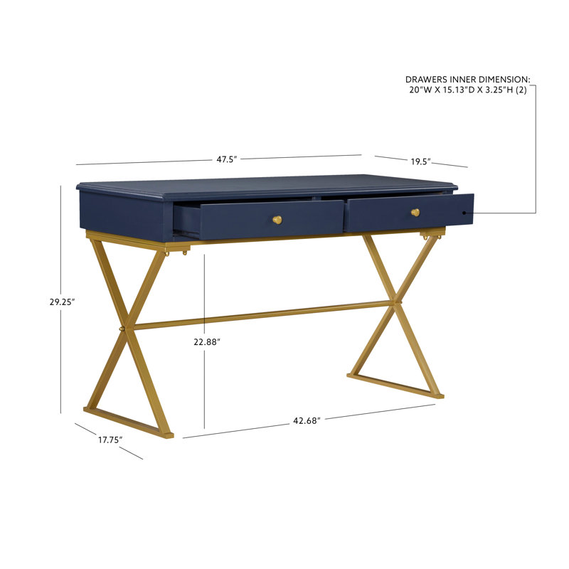 Bureau de 47,5 po avec deux tiroirs de rangement Abbeville, Bleu marine
