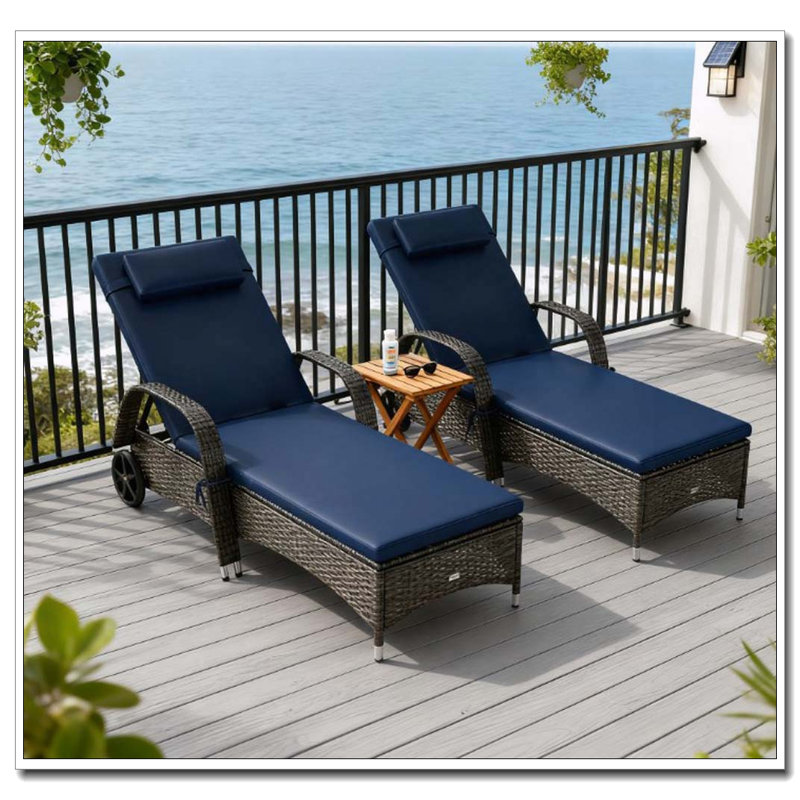Ensemble de 2 chaises longues en rotin avec coussins, coussin et inclinaison à 5 positions, Bleu très foncé