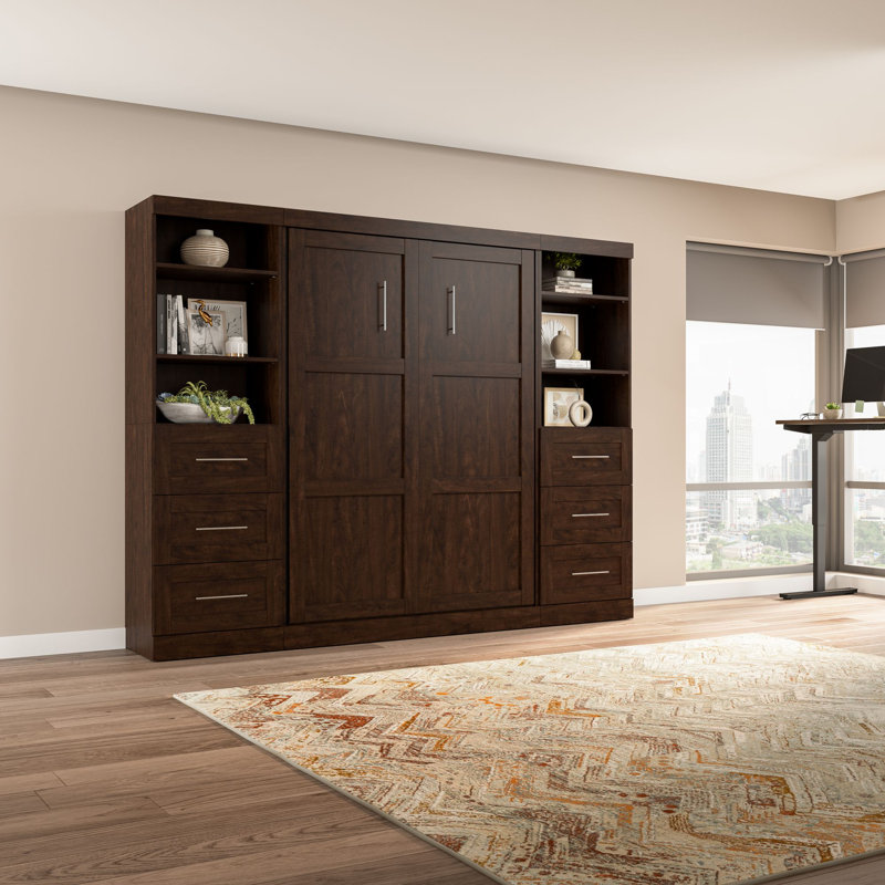 Arlex Storage Murphy Platform Space-Saving Wall Bed, 2 Shelving Units with Drawers, Chocolate, Full
