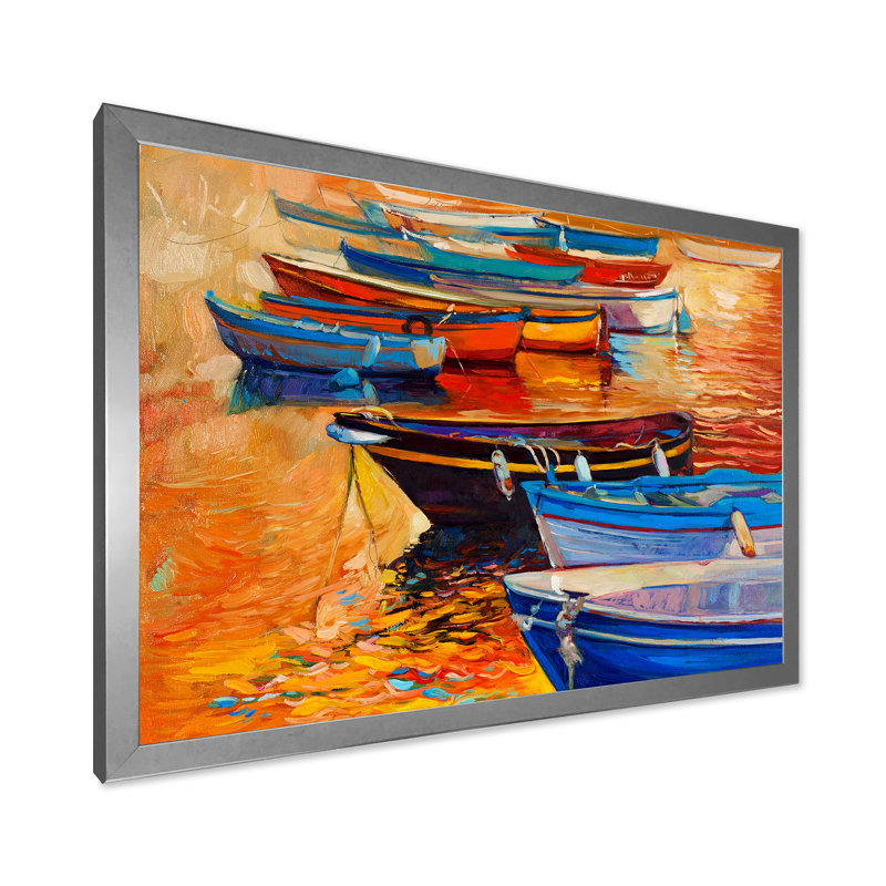 Bateaux dans le port au coucher du soleil chaud - Peinture sur toile, H 24 po x l 32 po x P 1 po, Encadrement argenté