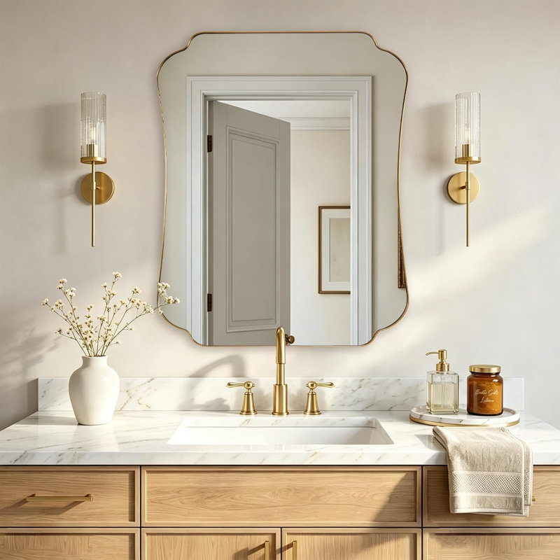Miroir de salle de bain Contemporary Cadre en acier inoxydable, 30" x 24", Or brossé