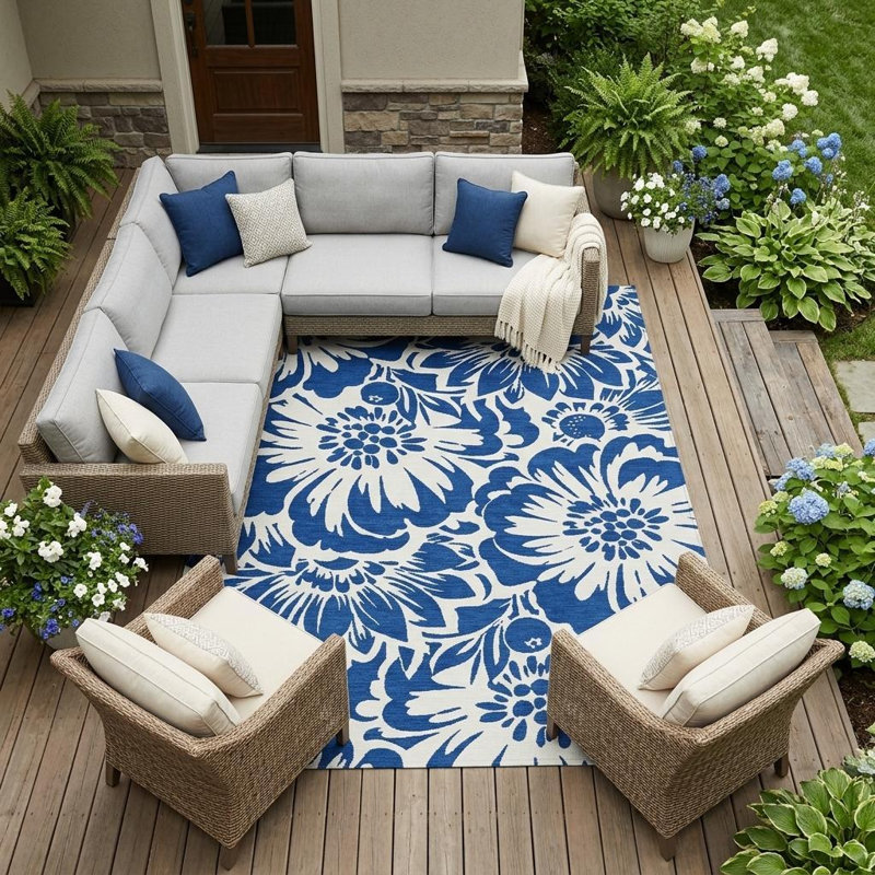 Tapis extérieur lavable antidérapant 9 pi x 12 pi bleu marine et ivoire