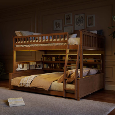 Full XL Over Queen Bunk Bed With Integrated Shelving, Color-Changing Lights And Pegboard