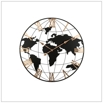 Très grande horloge murale en métal extra, horloge murale carte du monde silencieuse moderne avec chiffres romains rétro, décorative pour le salon, le vestibule, la salle à manger, la chambre à coucher