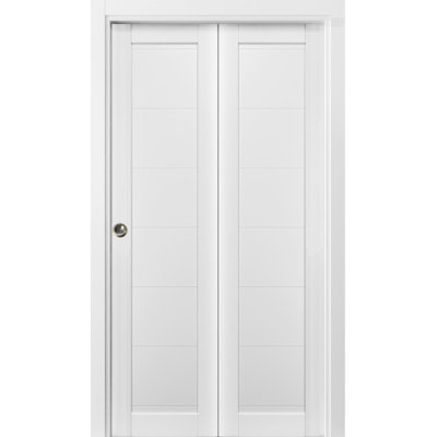 Sliding Closet Bi-fold Doors 84 x 96 in (2x 42x96) Quadro 4115 White Silk Sturdy Tracks Moldings Trims Hardware Set Wood Solid Bedroom Wardrobe Doors