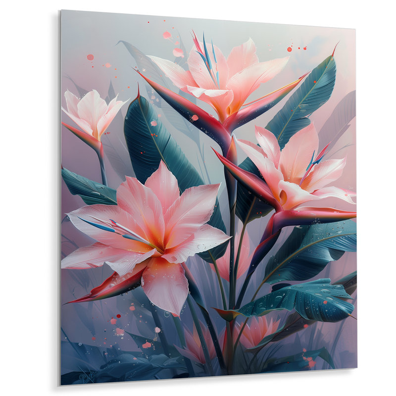Rose, vert, oiseau, paradis, botanique, beauté, I, oiseaux, paradis, art mural, salon, Métal métal, 32" H x 24" W