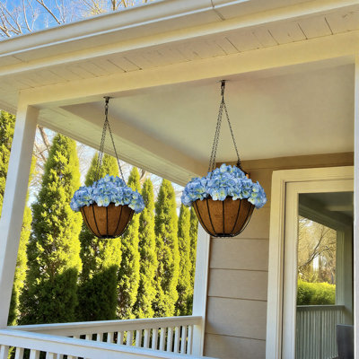 Artificial Hydrangea Hanging Basket, Available in 7 Vibrant Colors, Faux Flower Arrangements with Metal Frame & Coconut Liner, Decorative Hanging Planters for Indoor/Outdoor, Spring/Summer Porch, Patio, and Home Decor