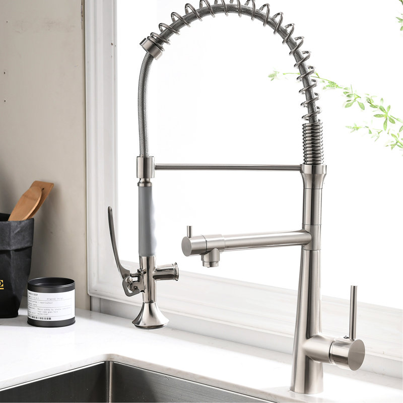Spot Brushed Nickel Kitchen Faucet With Commercial Style And Pre-Rinse Spring High Arc Single Handle Ceramic Disk Filler In Finish
