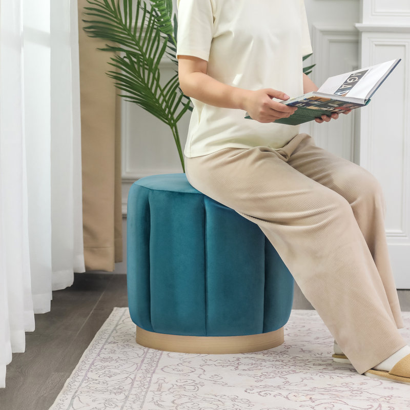 Round Upholstered Ottoman Stool, Blue Polyester