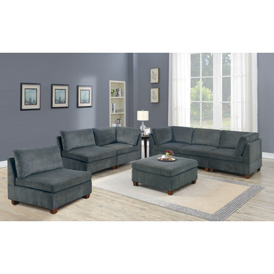 Living Room Furniture Gray Chenille Modular Sectional 7Pc Set Modular Sofa Set Couch 3X Corner Wedge 3X Armless Chairs And 1X Ottoman Plywood