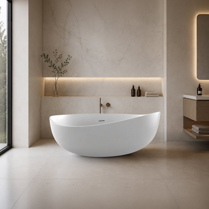 Newport 71" x 44" Freestanding Tub Solid Surface Stone Resin Soaking Bathtub - White, White