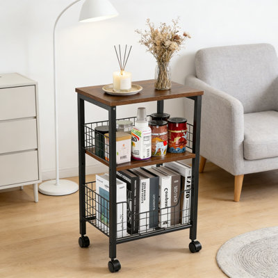 Industrial 3-Tier Side Table With Storage Basket, Small End Table For Living Room, Bedroom, Or Office, Multi-Tier Shelf With Sturdy Metal Frame