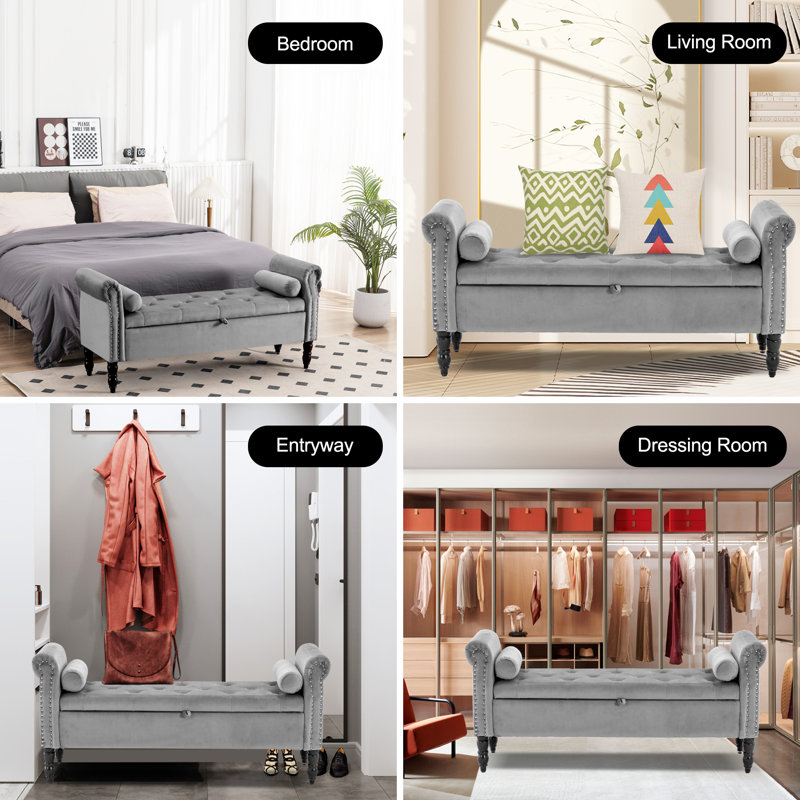 Gelson Velvet  Upholsted  with Ams Storge Bech, Gray, 25.2'' H X 56.7'' W X 17.7'' D