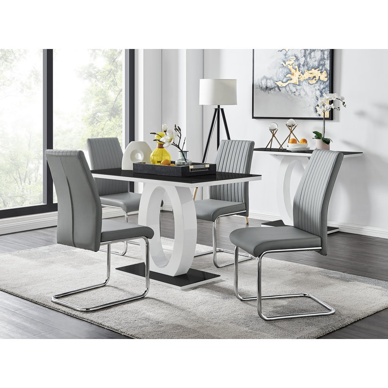 Eubanks High Gloss Glass Dining Set with 4 Chairs, Grey