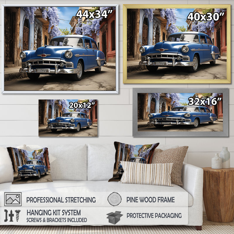 Cuban Blue Classic Car - Imprimé, Cadre flottant doré, H 24 po x l 32 po x P 1 po