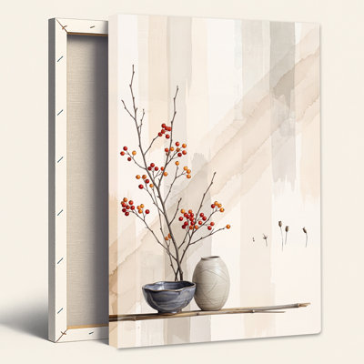 " Red Berry Branches in Blue Bowl and Beige Vase on Bamboo " Painting