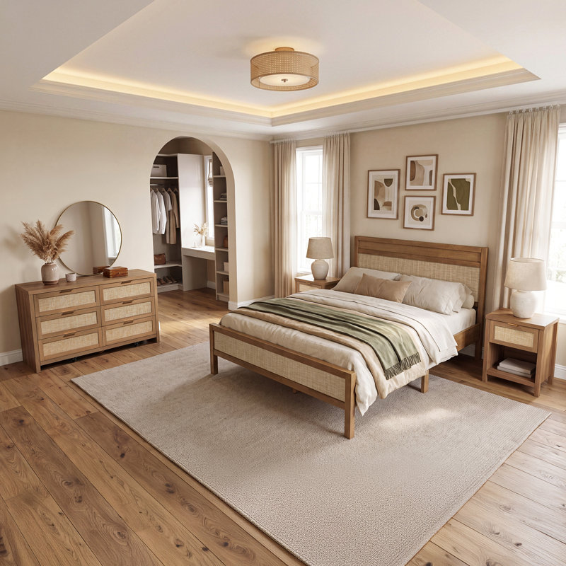 Ensemble de chambre à coucher en rotin bohème, Ensemble de quatre pièces : lit, deux tables de c