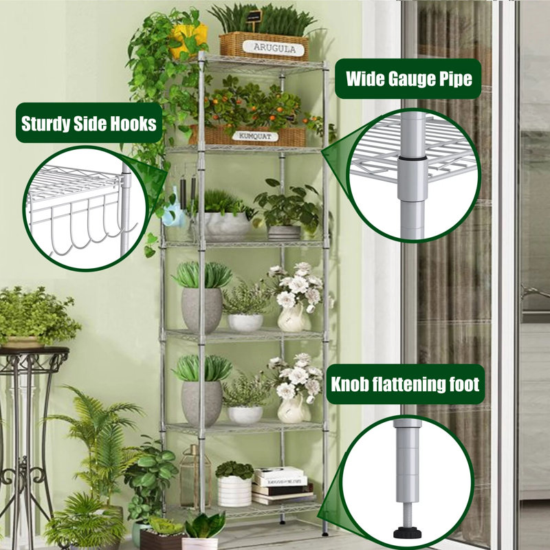 Orizaba 6 Tier Adjustable Wire Shelving Unit Organizer Steel Storage Rack w/ Hooks, Leveling Feet, Silver Grey