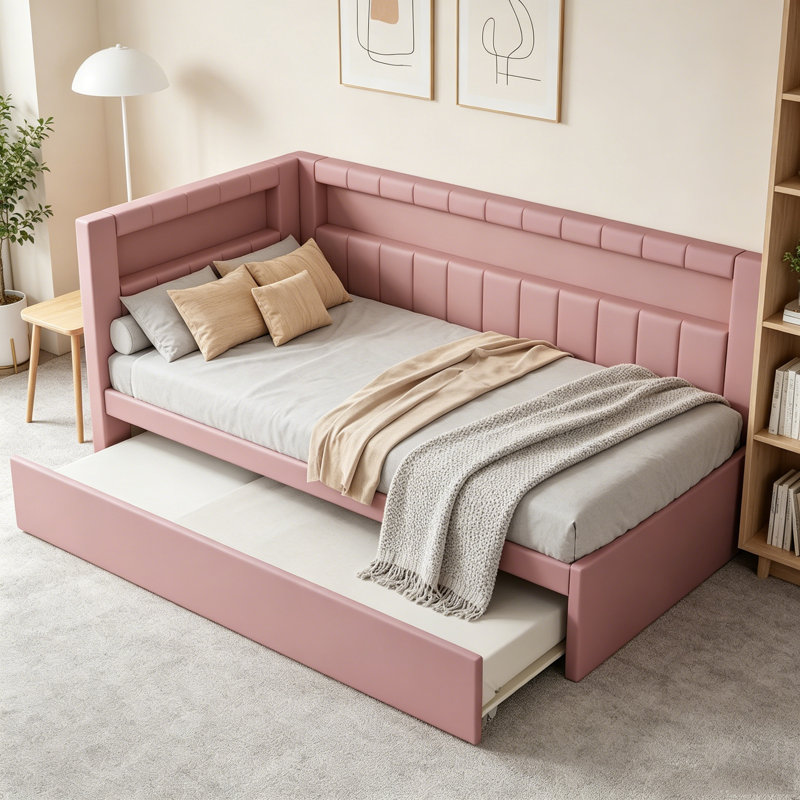 Lit plateforme tapissier pleine grandeur blanc avec ports USB, bande lumineuse à DEL et lit gigogne simple, Lit simple, Rose