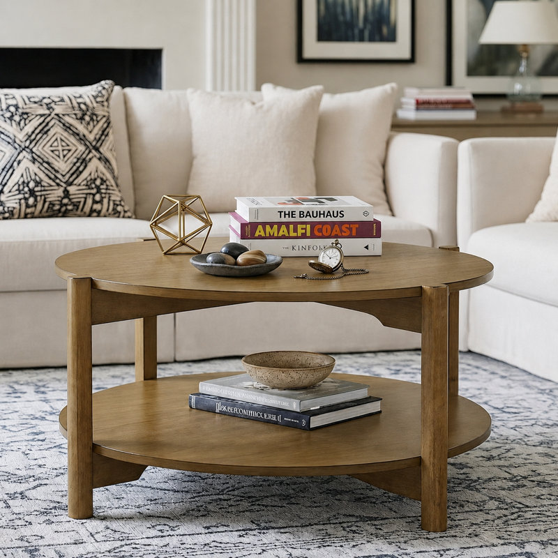 Timber Mid-Century Solid Wood Round Coffee Table With Shelf