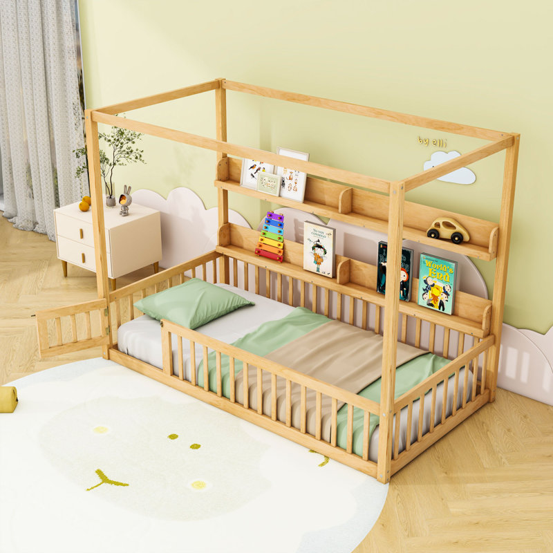 Lit à baldaquin avec garde-corps et tablettes de rangement intégrées, Naturel, Simple