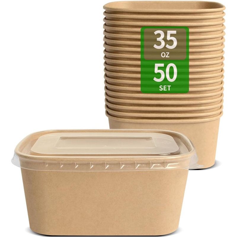 Paquet de 50 bols en papier kraft jetables de 35 oz avec couvercles