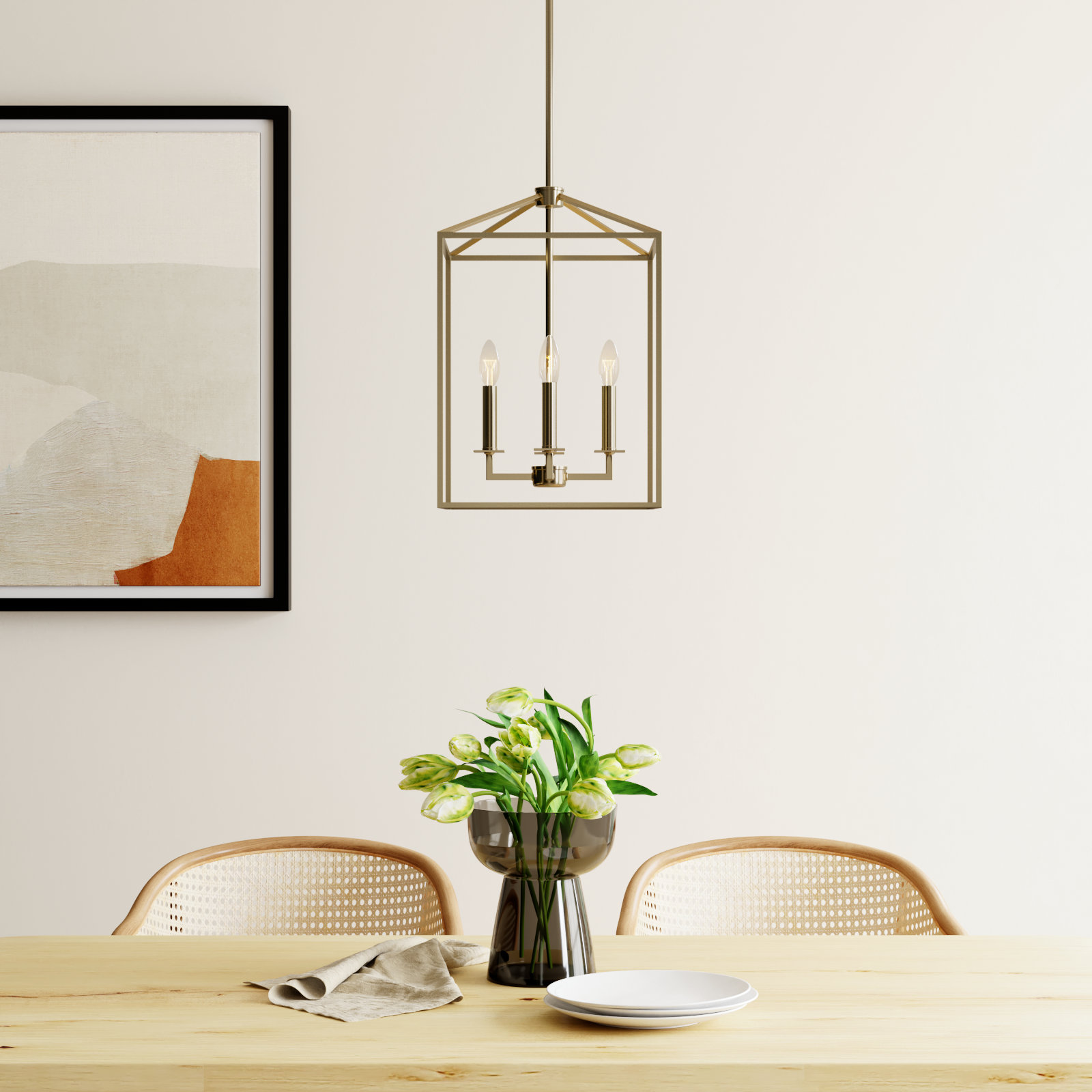 Ellis 4 - Light Dimmable Lantern Chandelier, 18.5" H x 12.25" W x 12.25" D, Satin Brass, No