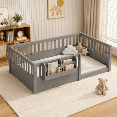Twin Floor Bed with Heightened Fence and Bookshelf, Gray Wood Bed for Kids' Safety and Independence