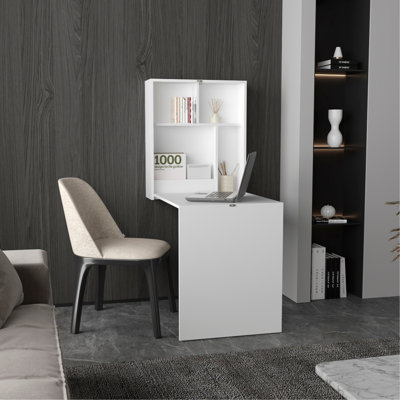 Kaplar 33" Wide  X  23" Deep Folding Table With Four Shelves, Floating Table, Retractable Table, Floating Desk, Ironing Table White