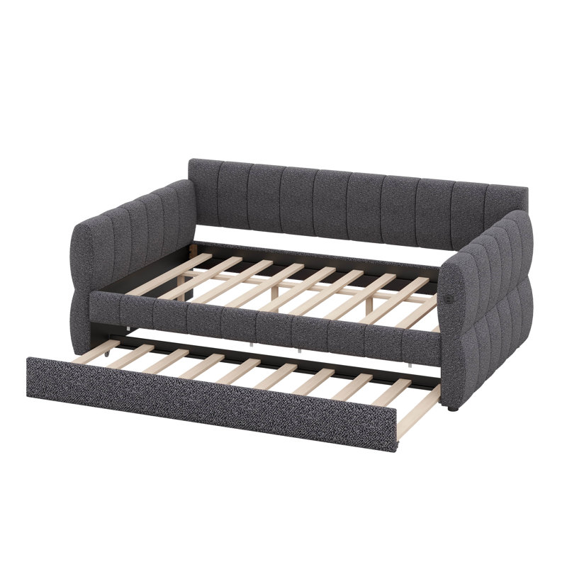 Grand lit plateforme tapissier avec lit gigogne, gris