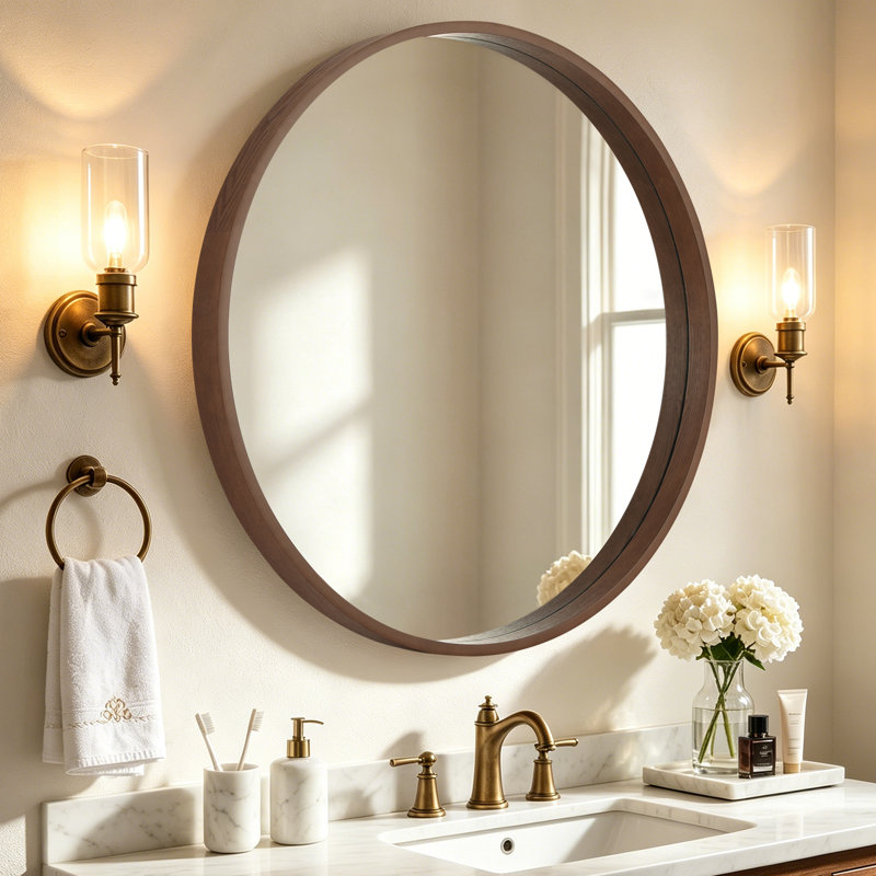 Round Wood Frame Wall Mirror – 2.5-inch Thick Frame, 36" x 36", Walnut
