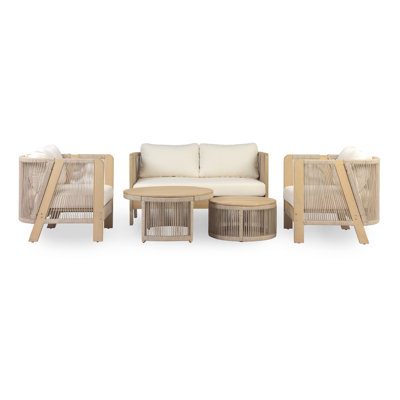 Everett Modern Coastal Accacia Wood Outdoor Conversation Set With Nested Round Coffee Tables, Hand-Woven Rope Design And Thick Cushions