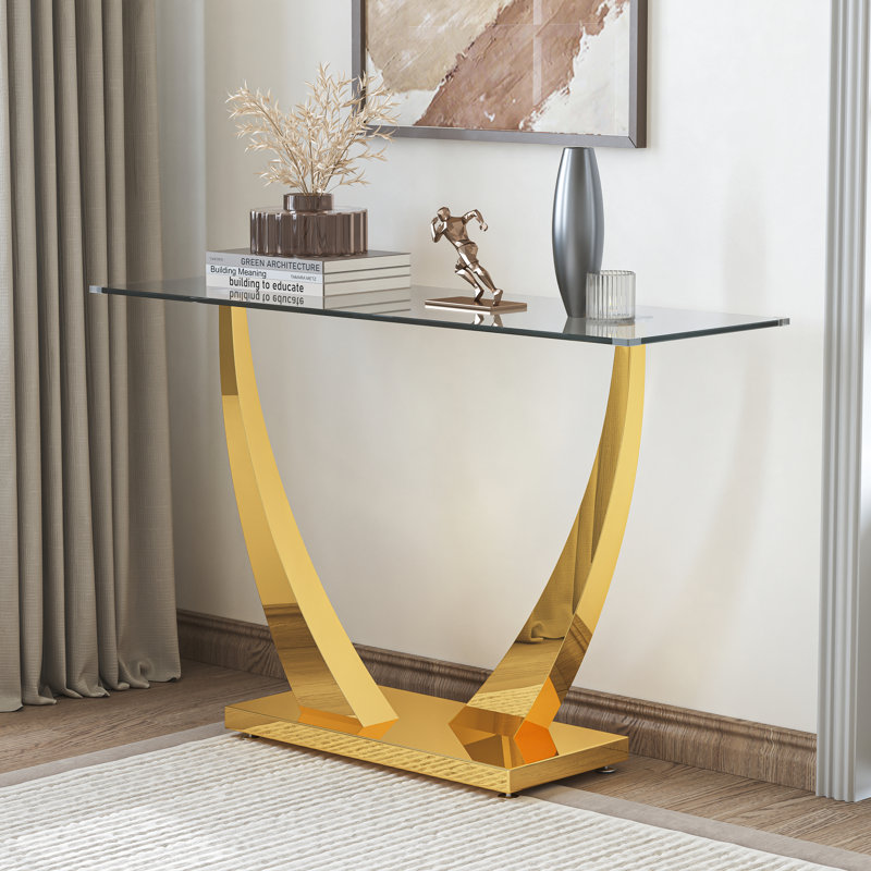 47.24" Glass Top Console Table With U-shape Sleek Stainless Steel Base, Gold