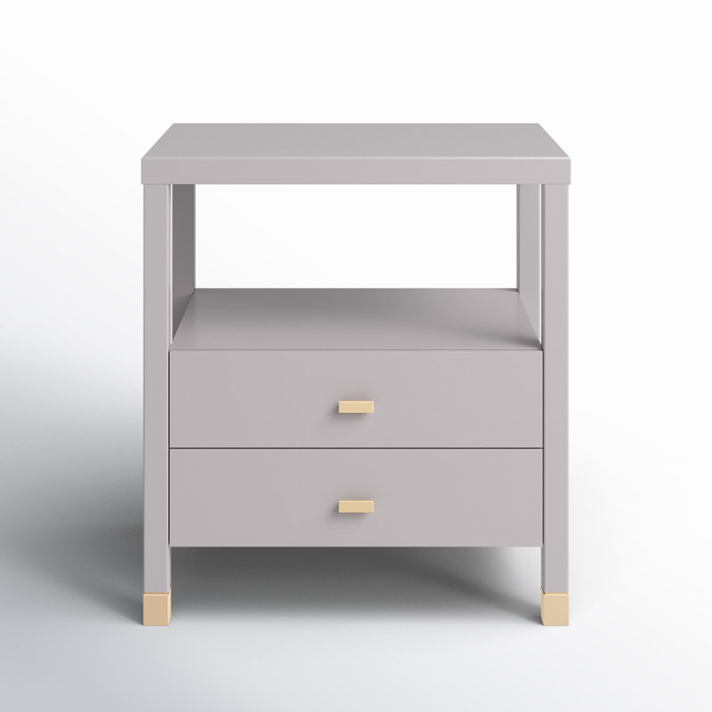 Gray Solid Wood 2-Drawer Nightstand with Shelf