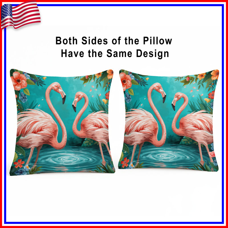 Flamants roses avec des fleurs, coussins décoratifs double face, 26 x 26 pouces