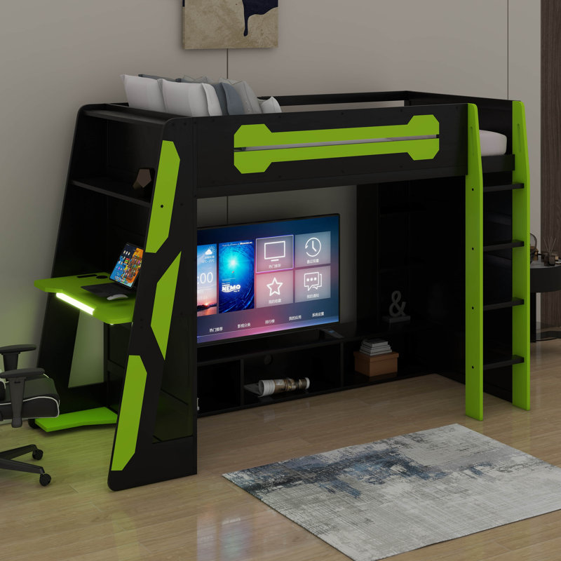 Lit mezzanine simple avec bureau et lumière RVB, Vert