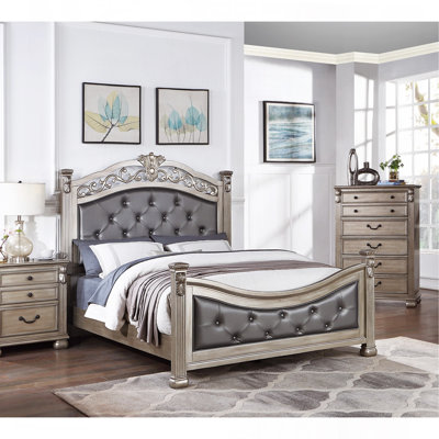 Formal Traditional Antique Silver 1Pc California King Size Bed Tufted Faux Leather Headboard Footboard Bedframe