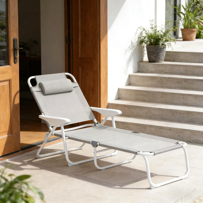 Outdoor Tanning Chair,Folding Chaise Lounge Chair, Light Gray