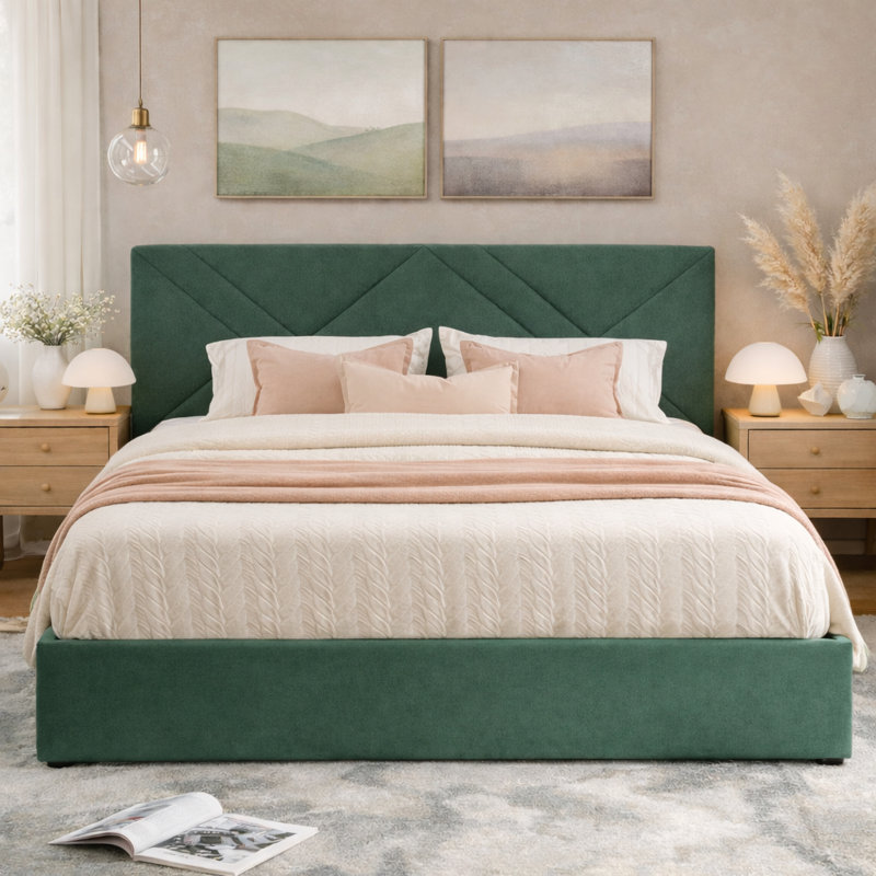 Lit plateforme tapissier avec rangement Gaillarde, Vert, Grand