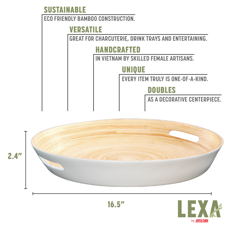 Lexa Bamboo Serving Tray W/ Handles, 16 Inch, Bamboo, White